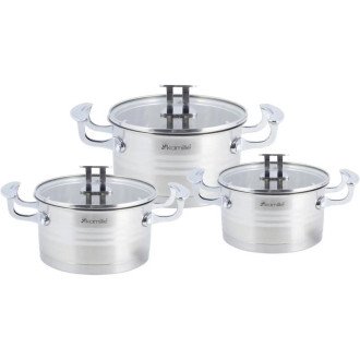 Набір 3 каструлі Kamille Casserote 1.7л, 2.4л, 3.1л з нержавіючої сталі зі скляними кришками Набір 3 каструлі Kamille Casserote 1.7л, 2.4л, 3.1л з нержавіючої сталі зі скляними кришками